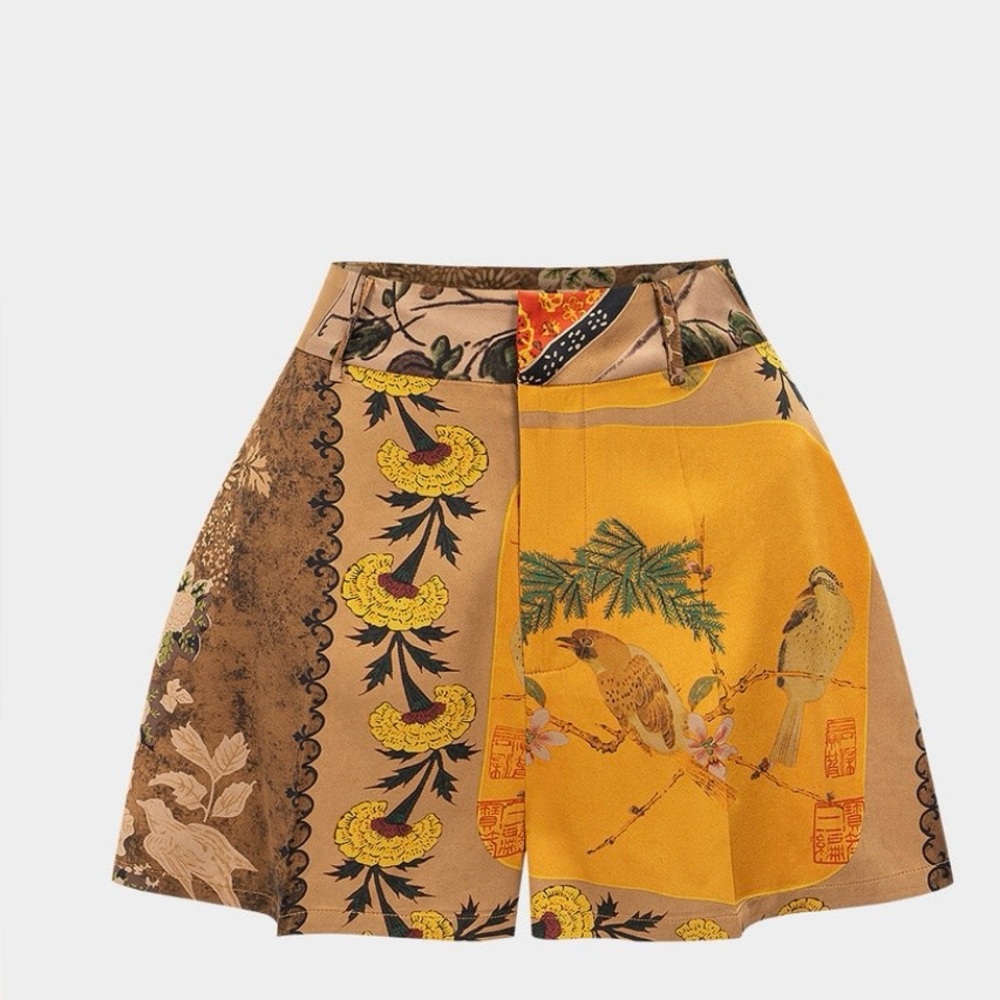 Vintage-Inspired Patchwork Floral High-Waist Shorts - Brown + Green + Mustard